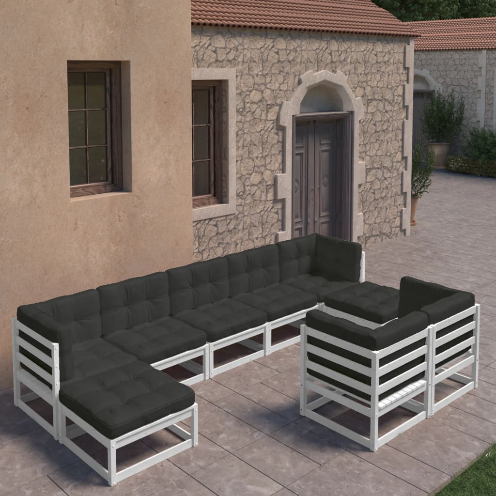 9-tlg. Garten-Lounge-Set mit Kissen Weiss Kiefer Massivholz